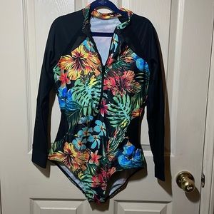 One piece bathing suit black and floral NWOT